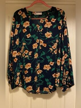 Buenos Ninos Women's Floral Blouse Top Balloon Long Sleeve V Neck